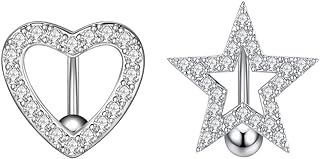 2 Pcs 14G Heart Star Reverse Belly Button Rings for Women Girls Surgical Steel Glitter CZ Halo Curved Navel Barbell Simple Body Piercing Jewelry