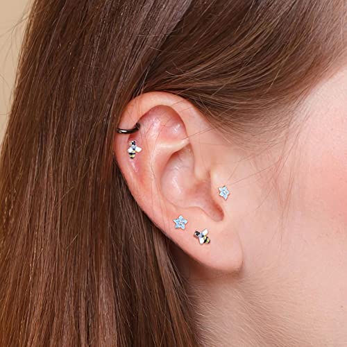 2PCS 16G Helix Earrings, 316L Stainless Steel Tragus Earring Studs, Flower Cartilage Earrings, Colorful Gem Helix Piercing Jewelry
