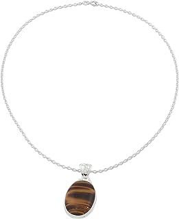 NOVICA Handmade .925 Sterling Silver Tigers Eye Pendant Necklace Hypnotic on Brown India Potters Clay Modern 'Hypnotic Feline'