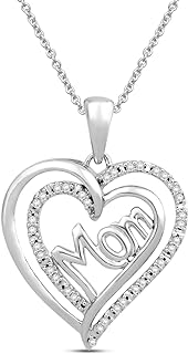 Jewelili Sterling Silver 1/10 Cttw Natural White Round Diamonds Mom Double Heart Pendant Necklace, 18" Rolo Chain