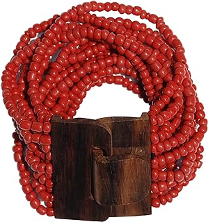 Indomode®️ Red Beaded Bali Bracelet With Hard Wood Buckle Clasp - 14 Elastic Strands – 2” Wide