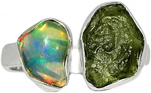 Rough Moldavite Ring & Ethiopian Opal Ring Natural Gemstone 925 Solid Sterling Silver Handmade Jewelry Ring