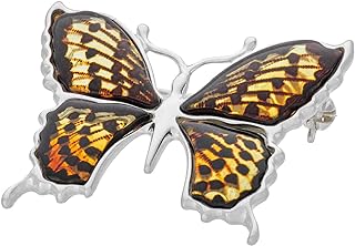 Women’s Silver Butterfly Brooch the Queen of Spain fritillary with Amber, Baltic Cherry Amber, Polished Sterling Silver, Gift Set