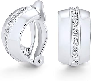 Rhodium-Plated Clip-On Crystal Earrings, Single-Row Wide Half-Hoop Design, Comfortable For Non-Pierced Women, Dainty Silver-Tone Brass Accessory