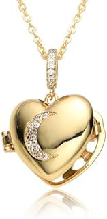 Heart Shape Photo Locket Pendant Necklace For Women Girls 14k Gold Plated Cubic Zirconia Moon Love Heart Chain Necklaces That Holds Picture Memorial Lockets Personalized Gift