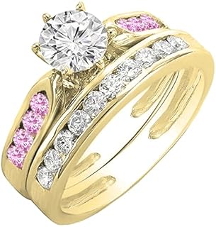 14K Rose Gold, Pink Sapphire and White Diamond Wedding Ring Sets for Ladies with Elegant Matching Band Design - Round Gem Type, Size 7