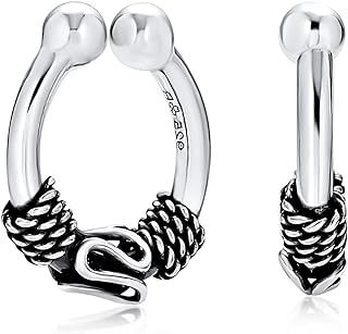 Unisex Clip-On Sterling Silver Tribal Nose Ring, Versatile Bali Swirl Design for Ear Lobe/Cartilage/Septum Styling