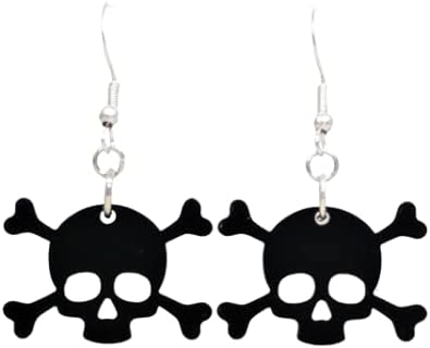 Earrings For Women - Hypoallergenic - Skull and Crossbones Dangle Drop Charm - Black