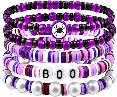 Ronglry 5pcs 2023 Halloween Bracelets for Women Clay Bead Bracelet Heishi Surfer Bracelets Set Boo Skull Spider Web Pumpkin Halloween beaded Bracelets Bulk Boho Stackable Stretch Bracelets for Halloween Accessories Jewelry Gifts
