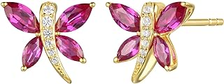 Whimsical 14K Yellow Gold and Sterling Silver Dragonfly Earrings with Ruby and White Sapphire Gems for Women - Elegant Tirafina Design