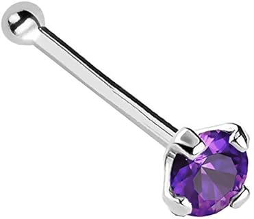 Jewelry Avalanche 22G Solid 14Kt Gold Nose Bone Stud with Prong Set real Amethyst Gemstone, 14kt Yellow Gold or 14kt White Gold - February Birthstone Nose Ring