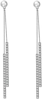 Silver Threader Dangler Earrings with Double Chain and Cubic Zirconia - Push Back Design for Her - Elegant Long Dainty Earrings, Perfect as Cocktail Party Accessory or Gift