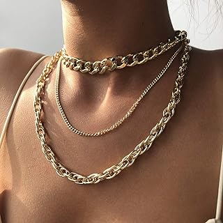 Gold Miami Cuban Link Chain for Women and Girls Chunky Chain Necklace with Three Layer Boho Bohemia Choker
