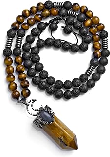 Jovivi Healing Crystal Necklace with Tiger Eye Gemstone, Amethyst, Quartz and Lava Rock Stones in Alloy Box Chain with Lobster Clasp, Hexagonal Prism Pendant Design