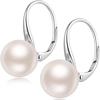 925 Sterling Silver Pearl Leverback Earrings for Women, Platinum-Plated Pearl Dangle Drop Earrings Simulated White Pearl 10MM