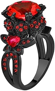 Gold-Plated Black Heart Skull Engagement Ring with Cubic Zirconia for Women, Round Design