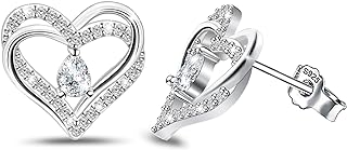 Sterling Silver Heart Stud Earrings with Push Back and Cubic Zirconia for Women - Love Shape Design