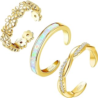 FIASASO 3Pcs 925 Sterling Silver Toe Rings for Women Adjustable 14K White Gold Plated Flower Twist Opal Band Rings Summer Beach Open Toe Rings Foot Jewelry Set