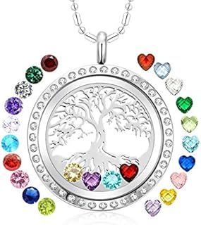 Family Tree of Life Floating Charm Locket Necklace for Women with Birthstones Living Memory Pendant DIY Stainless Steel Jewelry Mothers Gifts