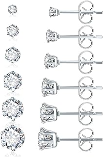 Surgical Steel Earrings Studs for Sensitive Ears 6 Pairs Round Clear Cubic Zirconia Earrings Hypoallergenic Multi Piercing Ears CZ Simulated Diamond Earring Women Men Boys Girls