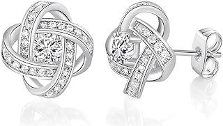 Women's Elegant Love Knot Cluster Back Stud Earrings with Cubic Zirconia in 18k White Gold Plating