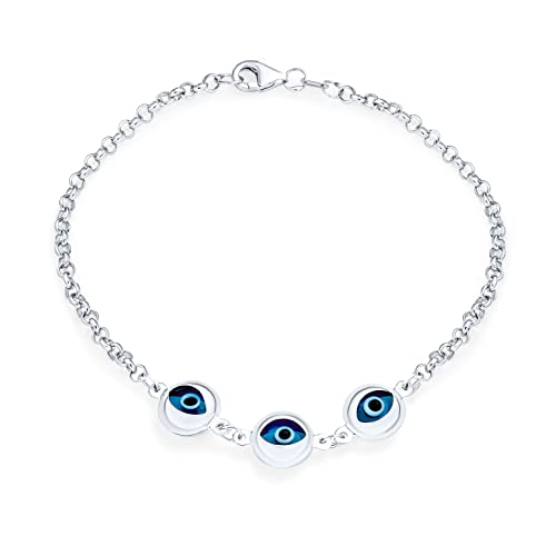 Turkish Dainty Delicate Spiritual Protection Amulet Station Chain Link Greek Motif Evil Eye Blue Evil Eye Charm Bracelet For Women Teens .925 Sterling Silver 6.5, 7, 7.5 Inch
