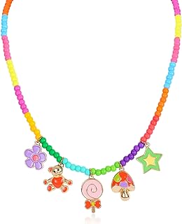 Colorful Beaded Necklace for Teen Girls with Cute Charm Bohemian Seed Beads Choker Necklace Lollipop Flower Bear Mushroom Star Pendant Adjustable Handmade Boho Beach Y2K Jewelry Gift for Women Girls