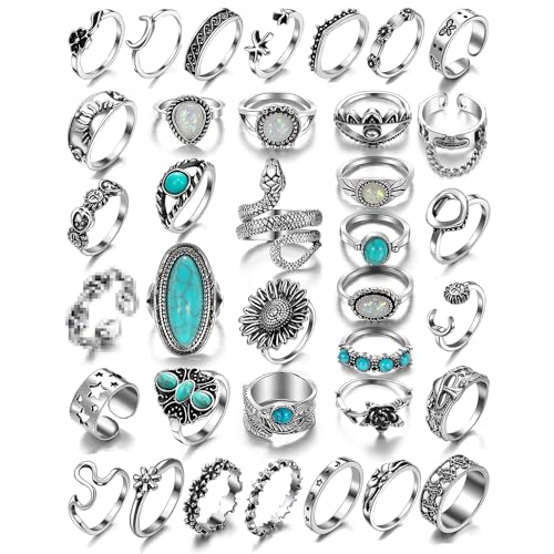 36Pcs Ring Set, Knuckle Rings for Women Girls, Vintage Silver Aesthetic Rings, Turquoise Ring, Crystal Rings, Boho Retro Stone Stackable Ring Sets, Western Jewelry, Gift for Her