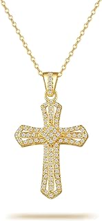 Women's Large Cross Pendant Necklace, 14K Gold Plated with Crisscross Chain and Cubic Zirconia - Trendy Christian Jewelry Gift