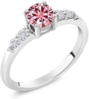 Gem Stone King 925 Sterling Silver Pink Moissanite and White Lab Grown Diamond Engagement Ring For Women (0.65 Cttw, Round 5MM, Gemstone Birthstone, Available in Size 5,6,7,8,9)