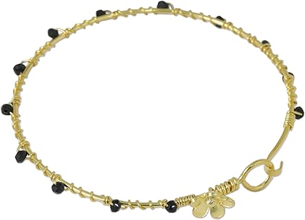 NOVICA Handmade Gold Plated Onyx Bangle Bracelet Floral from Thailand Black Birthstone [7.5 in Inner Circ. 4 mm W] 'Floral Berries'