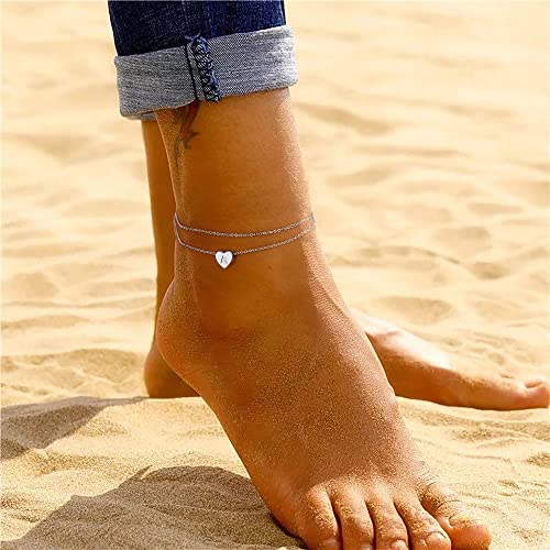 Silver Heart Initial Ankle Bracelets for Women, 14K White Gold Filled Handmade Dainty Layered Silver Anklet Letter Initial Heart Ankle Bracelets for Women Silver Summer Foot Beach Jewelry