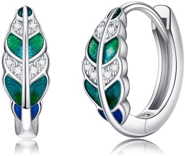 Green Leaf Earrings 925 Sterling Silver Small Hoop Earrings for Women Green Enamel Earrings Leaf Jewelry for Girls Earrings Gifts