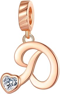 Rose Gold Plated 925 Sterling Silver Clasp Alphabet Charms for Bracelets - Fits Pandora & European Bracelets, Cubic Zirconia Embellished Initial Pendant, Perfect for Women & Girls