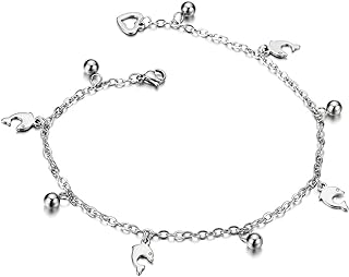 COOLSTEELANDBEYOND Stainless Steel Anklet Bracelet with Dangling Charms of Dolphins and Beads