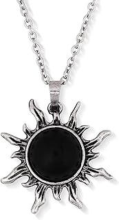 Stainless Steel Cable Chain Black Agate Pendant Necklace for Women - Sacina Gothic Boho Sun Design Jewelry