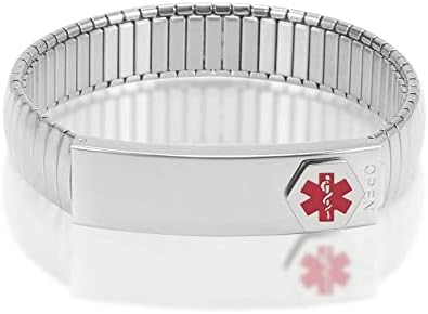 Wollet Medical Alert ID Bracelet for Women Men, Stainless Steel Personalized Emergency Adjustable Elastic Bracelet for Diabetes Type 1 2, Allergy, Dnr, Epilepsy, Autistic