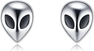 925 Sterling Silver Alien Earrings, Alien Stud Earrings Polished, Big Eye Space Aliens Statement Stud Earrings, Rave Earrings