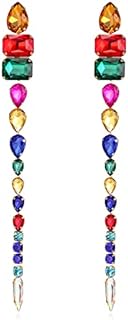 Multicolor Crystal Teardrop Chandelier Earrings with Emerald Cut for Women, Geometric-Design Drop Style