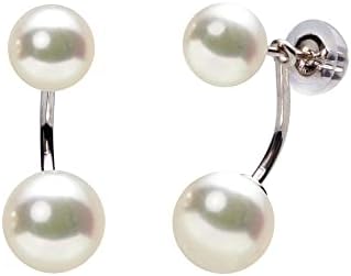 Japanese 7.5mm Akoya Cultured Pearl with 6.0mm Akoya Pearl/Blue topaz Earrings for Women with 18K White Gold | Stylish Design Excellent Gift | Pearl Earrings
