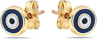 14K Solid Yellow Gold Push Back Evil Eye Stud Earrings for Women, Elegant Round Design with Enamel Detail