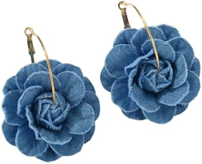 Big Denim Camellia Flower Statement Hoop Earrings for Women Girls Blue Blossom Gold Plated Large Huggie Dangle Drop Earring Fashion Jewelry Gifts Birthday