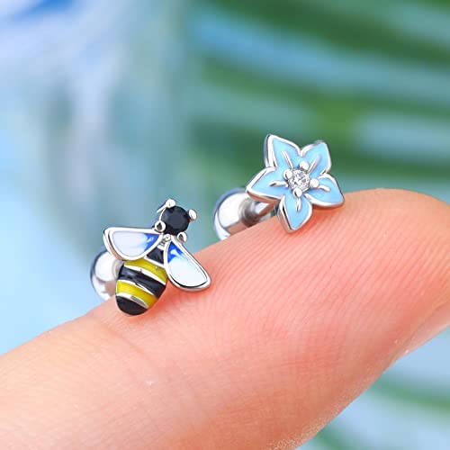 2PCS 16G Helix Earrings, 316L Stainless Steel Tragus Earring Studs, Flower Cartilage Earrings, Colorful Gem Helix Piercing Jewelry