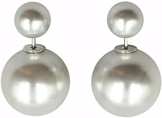 S925 Sterling Silver Double Pearl Stud Earrings with Push Back for Women and Girls - Front and Back Design
