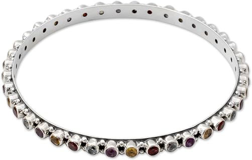 NOVICA Handmade .925 Sterling Silver Multigemstone Bangle Bracelet Amethyst Topaz Citrine Garnet Blue Multicolor Purple Red Yellow India Bohemian Bollywood Birthstone [7 in Inner Circ. x 0.2 in W]