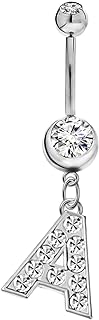 Initial Dangle Belly Button Rings | Embellished with CZ Crystals in Silver Letters A to Z | Ideal for Navel Piercings Belly Piercings