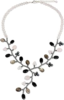 Handcrafted Coral Bead Necklace with Cultured Freshwater Pearl & Onyx Gems by NOVICA, Silver Plated Brass Chain, Leaf Tree Design from Thailand, Ideal for Women, Birthstone of 'Gray Coral'