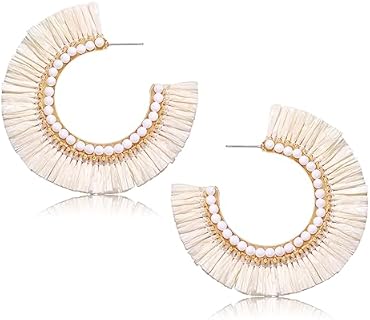 Boho Raffia Fringe Zinc Hoop Earrings for Women with Beaded Detailing, Fan-Shaped Design