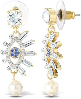 Jessica Simpson Womens Evil Eye Dangle Earrings - Gold-Tone Evil Eye Earrings with Pearl and Rhinestones
