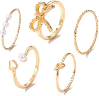 HUASAI Adjustable Pearl Stackable Ring Set - Elegantly Designed Gold Bow & Ribbon Heart Metal Rings for Women and Teen Girls - Ideal Jewelry Gift
